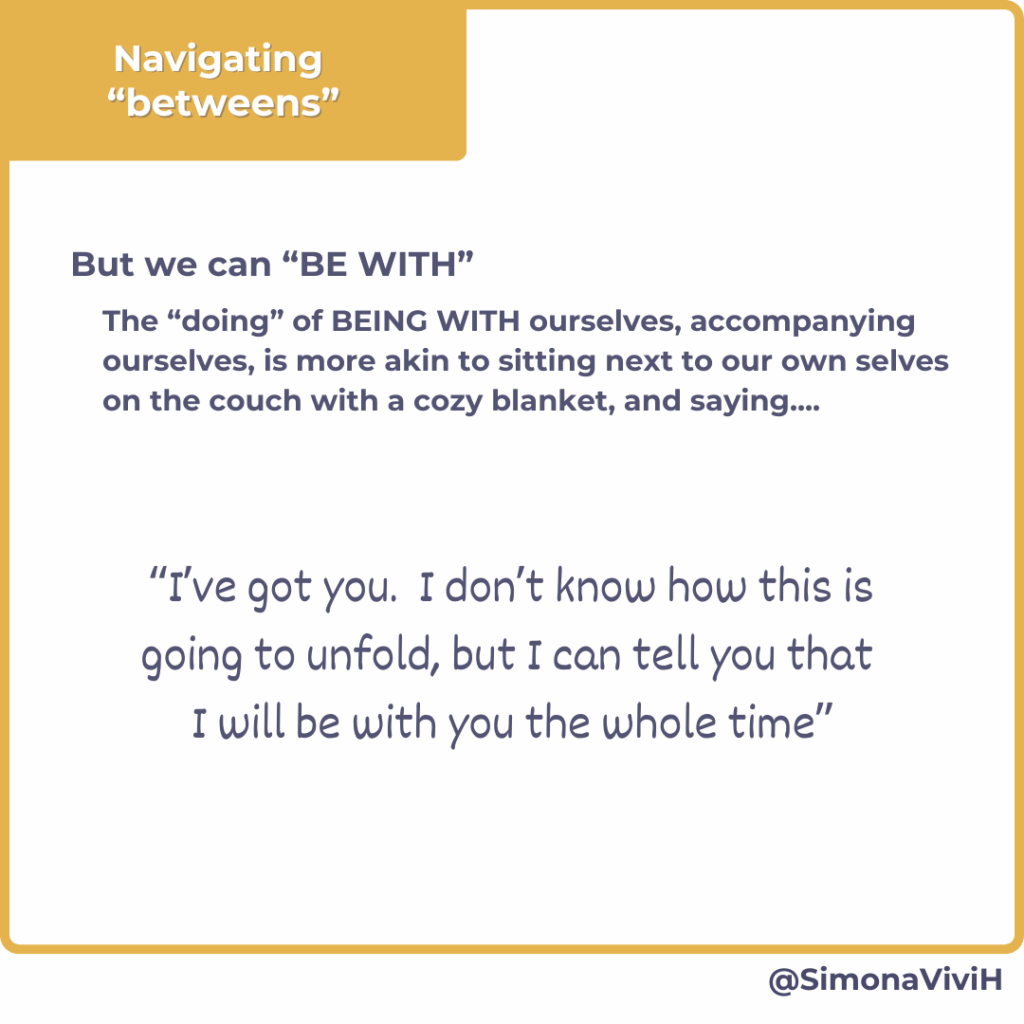 But we can "BE WITH"
The "doing" of BEING WITH ourselves, accompanying ourselves, is more akin to sitting next to our own selves on the couch with a cozy blanket, and saying....
"I've got you. I don't know how this is going to unfold, but I can tell you that I will be with you the whole time"